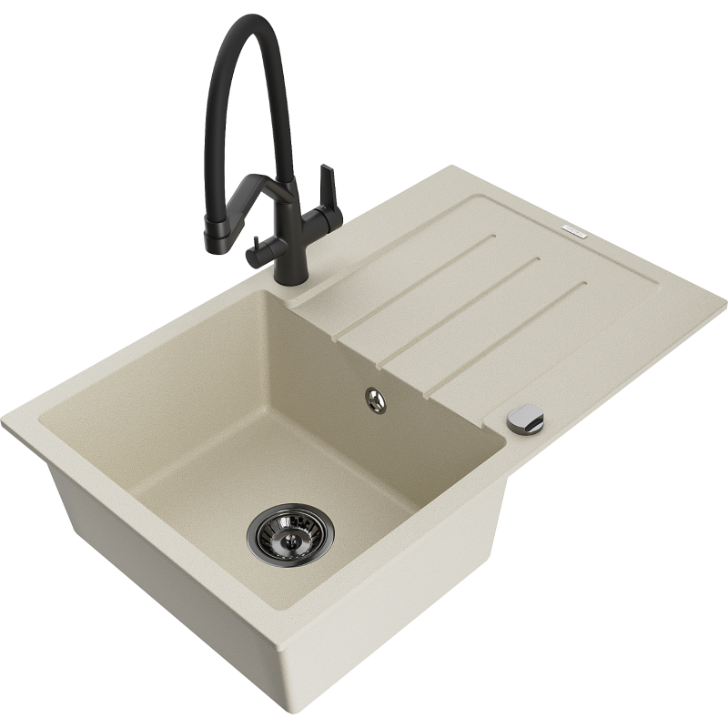 Mexen Bruno granitový kuchynský drez 1-komorový s odkvapkávačom a kuchynskou batériou Duo, béžový - 6513-69-671701-70-B