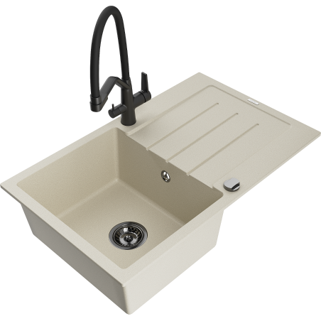 Mexen Bruno granitový kuchynský drez 1-komorový s odkvapkávačom a kuchynskou batériou Duo, béžový - 6513-69-671701-70-B