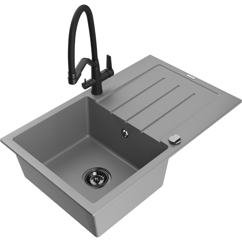 Mexen Bruno granitový drez 1-komorový s odkvapkávačom a kuchynskou batériou Duo, sivý - 6513-71-671701-70-B