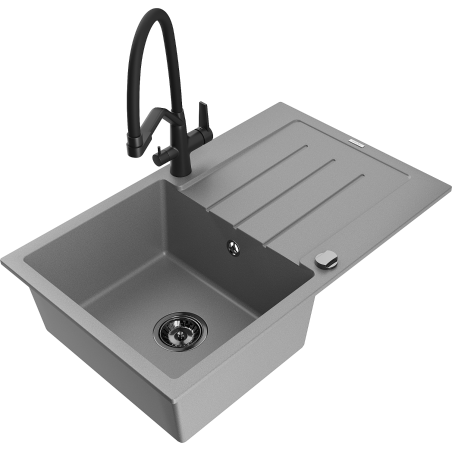 Mexen Bruno granitový drez 1-komorový s odkvapkávačom a kuchynskou batériou Duo, sivý - 6513-71-671701-70-B