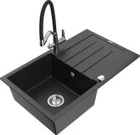 Mexen Bruno granitový drez 1-komorový s odkvapkávacou plochou a kuchynskou batériou Duo, čierny/strieborný metalický