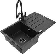 Mexen Bruno granitový drez s 1 komorou s odkvapkávačom a kuchynskou batériou Duo, čierny/strieborný metalický