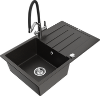 Mexen Bruno granitový kuchynský drez s 1 komorou s odkvapkávačom a kuchynskou batériou Duo, čierny/zlatý metalíza