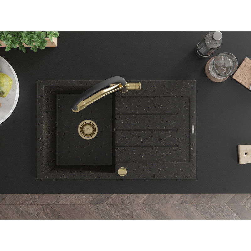 Mexen Bruno granitový drez s 1 komorou, odkvapkávačom a kuchynskou batériou Duo, čierno/zlatý metalický - 6513-75-671701-57-G