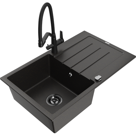 Mexen Bruno žulový drez s jednou komorou s odkvapkávačom a kuchynskou batériou Duo, čierny/zlatý metalický