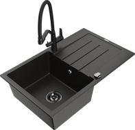 Mexen Bruno žulový drez s jednou komorou s odkvapkávačom a kuchynskou batériou Duo, čierny/zlatý metalický