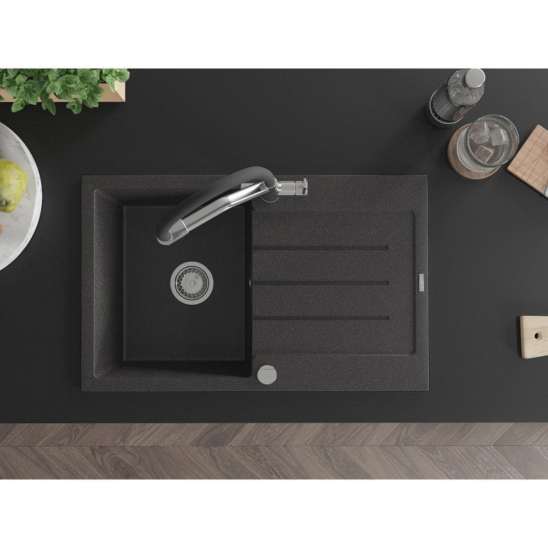 Mexen Bruno žulový drez s odkvapkávačom a kuchynskou batériou Duo, čierny škvrnitý - 6513-76-671701-07