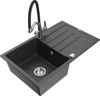 Mexen Bruno žulový drez s odkvapkávačom a kuchynskou batériou Duo, čierny škvrnitý - 6513-76-671701-07