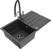 Mexen Bruno granitový drez 1-komorový s odkvapkávačom a kuchynskou batériou Duo, čierny špinený - 6513-76-671701-07-B