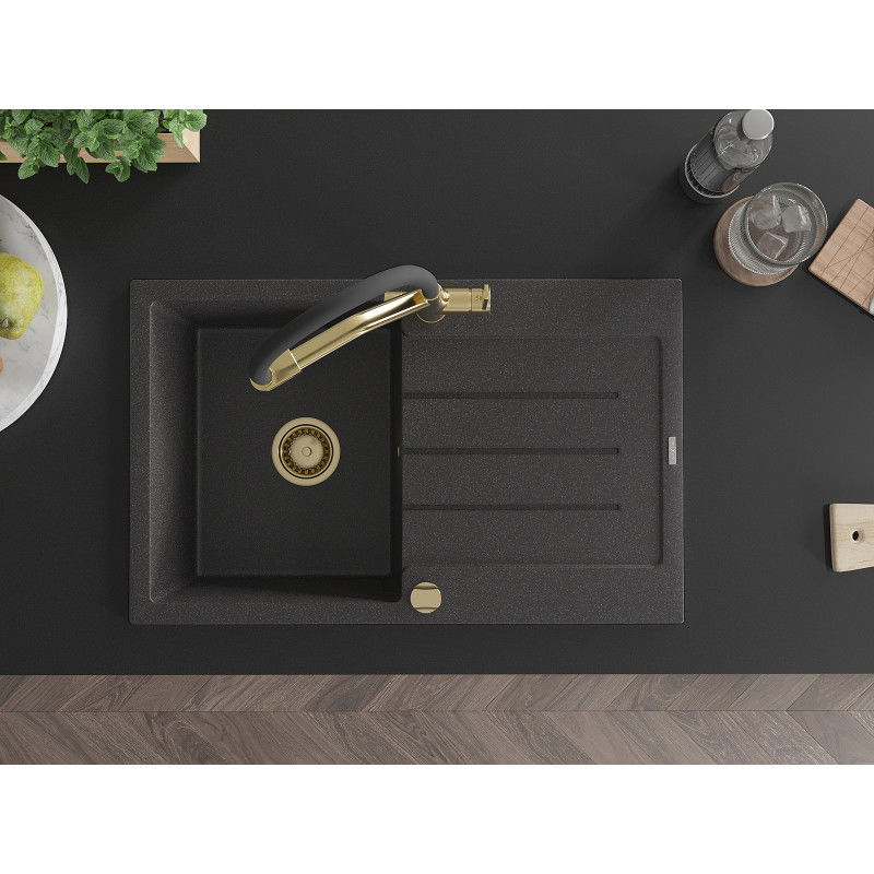 Mexen Bruno granitový drez 1-komorový s odkvapkávačom a kuchynskou batériou Duo, čierny s fŕkaním - 6513-76-671701-57-G