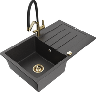 Mexen Bruno granitový drez 1-komorový s odkvapkávačom a kuchynskou batériou Duo, čierny s fŕkaním - 6513-76-671701-57-G