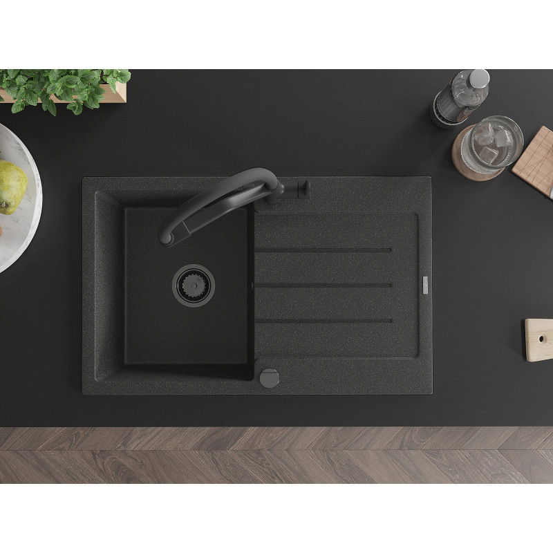 Mexen Bruno žulový drez s 1 komorou s odkvapkávačom a kuchynskou batériou Duo, čierny s fŕkaním - 6513-76-671701-70-B