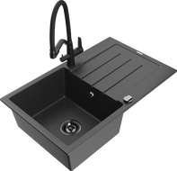 Mexen Bruno žulový drez s 1 komorou s odkvapkávačom a kuchynskou batériou Duo, čierny s fŕkaním - 6513-76-671701-70-B