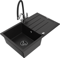 Mexen Bruno jednokomorový granitový drez s odkvapkávačom a kuchynskou batériou Duo, čierny - 6513-77-671701-07-B