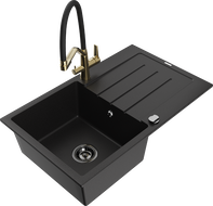 Mexen Bruno granitový kuchynský drez 1-miskový s odkvapkávačom a kuchynskou batériou Duo, čierna - 6513-77-671701-57-B
