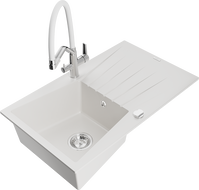 Mexen Cesar žulový drez 1-komorový s odkvapkávacou plochou a kuchynskou batériou Duo, biely - 6514-20-671701-02