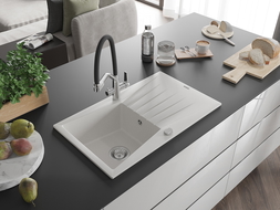 Mexen Cesar žulový kuchynský drez 1-komorový s odkvapkávačom a kuchynská batéria Duo, biela - 6514-20-671701-07