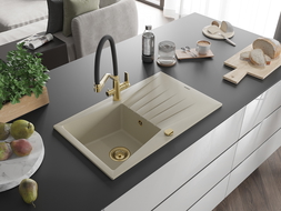 Mexen Cesar žulový kuchynský drez s 1 komorou, odkvapkávacou plochou a kuchynskou batériou Duo, béžový - 6514-69-671701-57-G