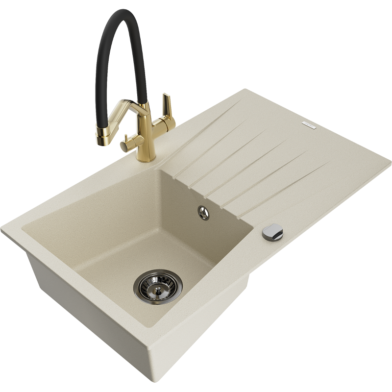 Mexen Cesar žulový drez s 1 komorou a odkvapkávačom a kuchynskou batériou Duo, béžový - 6514-69-671701-57-B