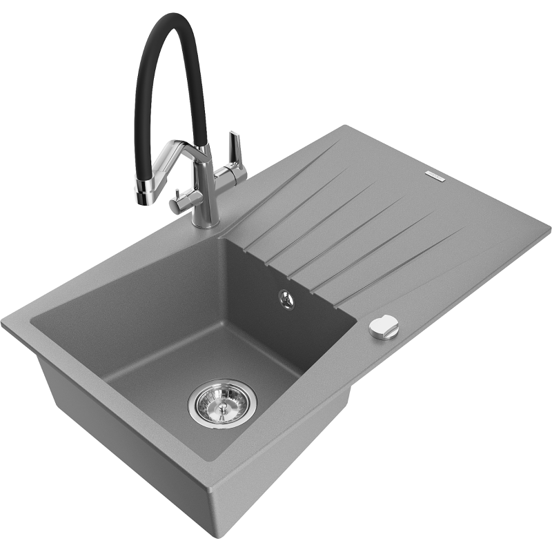 Mexen Cesar jednodrezový žulový drez s odkvapkávacou plochou a kuchynskou batériou Duo, sivý - 6514-71-671701-07