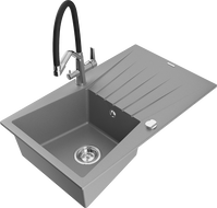 Mexen Cesar jednodrezový žulový drez s odkvapkávacou plochou a kuchynskou batériou Duo, sivý - 6514-71-671701-07