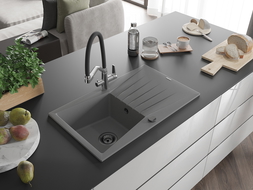 Mexen Cesar žulový drez s 1 sekciou s odkvapkávačom a kuchynskou batériou Duo, sivá - 6514-71-671701-07-B