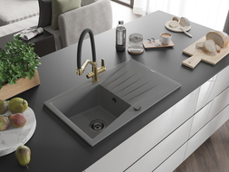 Mexen Cesar žulový kuchynský drez s jednou komorou a odkvapkávačom a kuchynskou batériou Duo, sivý - 6514-71-671701-57-B