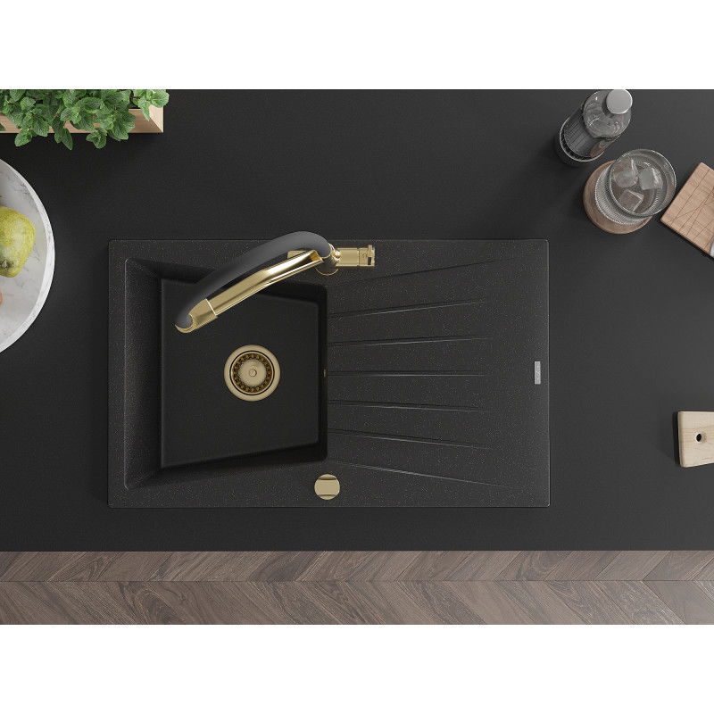 Mexen Cesar jednokomorový granitový drez s odkvapkávačom a kuchynská batéria Duo, čierny/strieborný metalik