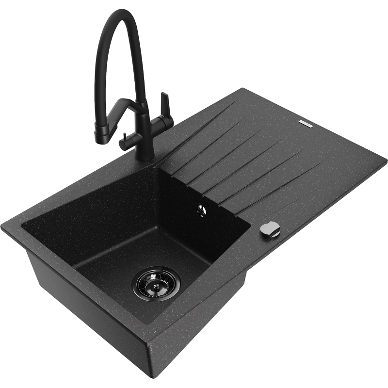 Mexen Cesar žulový kuchynský drez 1-komorový s odkvapkávačom a kuchynskou batériou Duo, čierny/strieborný - 6514-73-671701-70-B