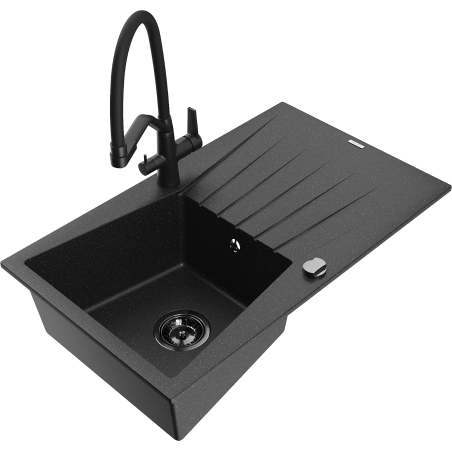 Mexen Cesar žulový kuchynský drez 1-komorový s odkvapkávačom a kuchynskou batériou Duo, čierny/strieborný - 6514-73-671701-70-B