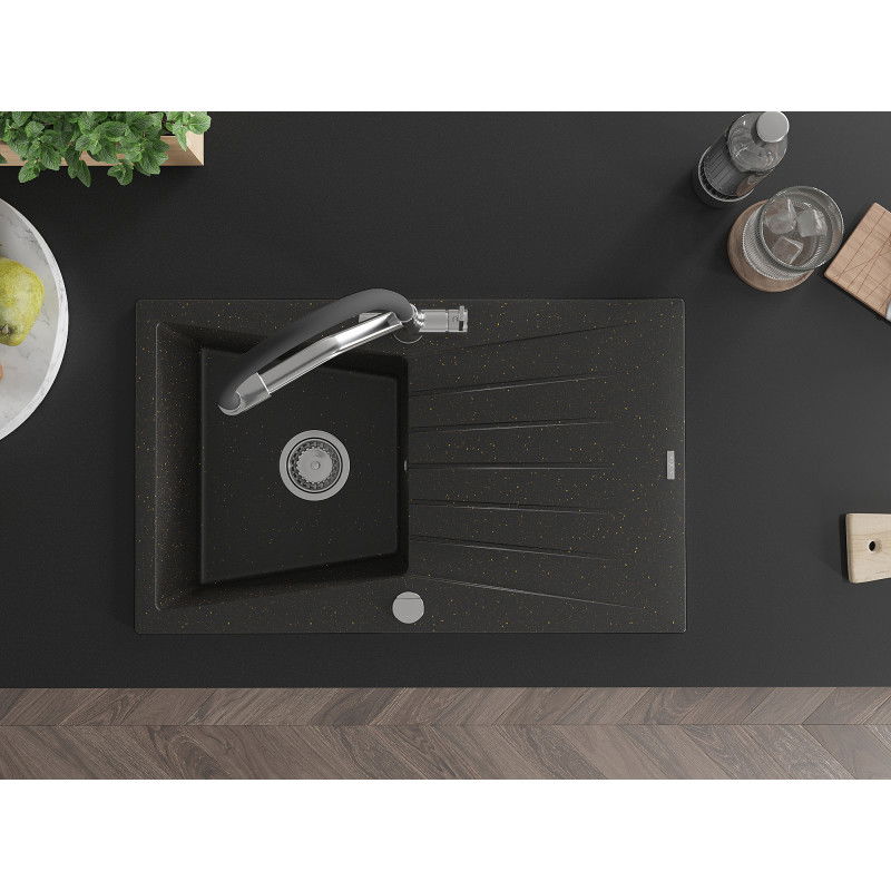 Mexen Cesar žulový drez s 1 komorou s odkvapkávacou plochou a kuchynskou batériou Duo, čierny/zlatý metalík