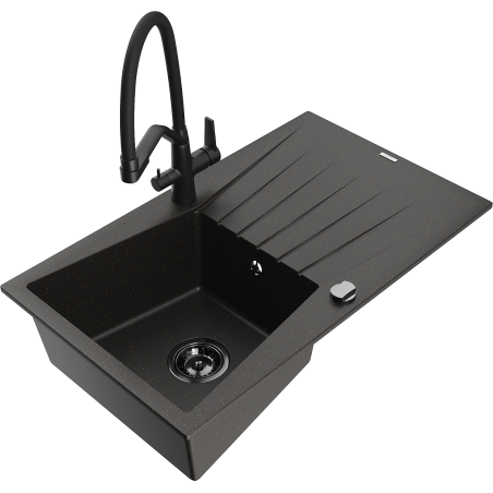 Mexen Cesar granitový drez s 1 komorou s odkvapkávadlom a kuchynskou batériou Duo, čierno/zlatý metalik