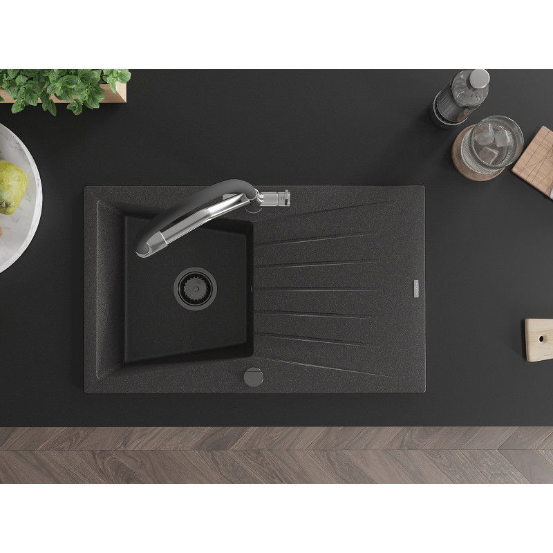 Mexen Cesar granitový drez s 1-komorou a odkvapkávačom a kuchynskou batériou Duo, čierny žíhaný - 6514-76-671701-07-B