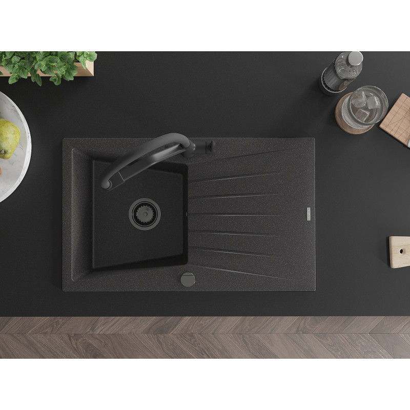 Mexen Cesar žulový kuchynský drez s jednou komorou a odkvapkávačom a kuchynskou batériou Duo, čierny s bodkami