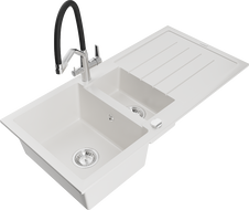 Mexen Andres žulový drez 1,5-komorový s odkvapkávačom a kuchynskou batériou Duo, biela - 6515-20-671701-07