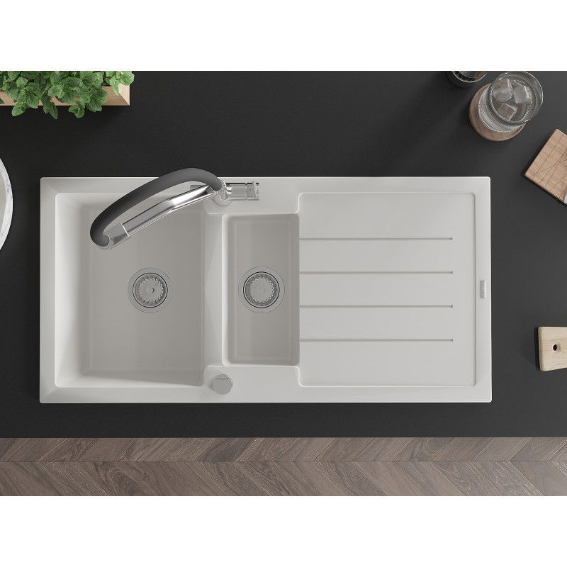 Mexen Andres žulový drez 1,5-komorový s odkvapkávačom a kuchynskou batériou Duo, biela - 6515-20-671701-07