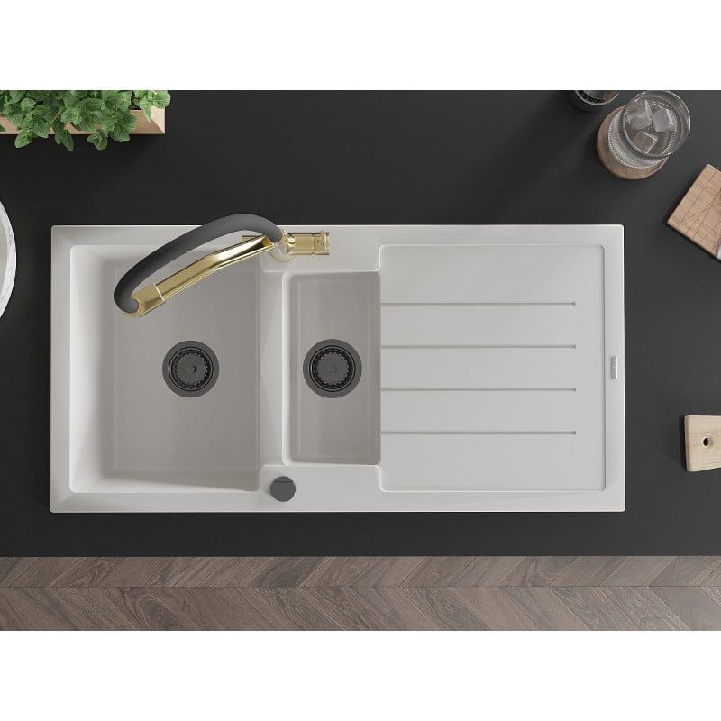 Mexen Andres granitový drez 1,5-komorový s odkvapkávačom a kuchynskou batériou Duo, biely - 6515-20-671701-57-B