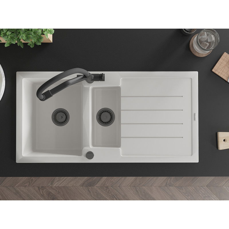 Mexen Andres žulový drez 1,5-komorový s odkvapkávačom a kuchynskou batériou Duo, biely - 6515-20-671701-70-B