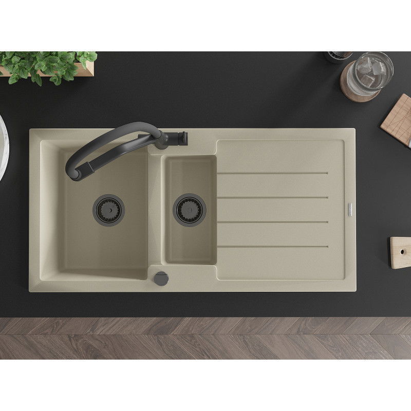 Mexen Andres granitový drez 1,5-komorový s odkvapkávačom a kuchynskou batériou Duo, béžový - 6515-69-671701-70-B