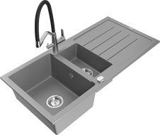Mexen Andres žulový drez s 1,5 komorou a odkvapkávačom a kuchynskou batériou Duo, sivý - 6515-71-671701-07