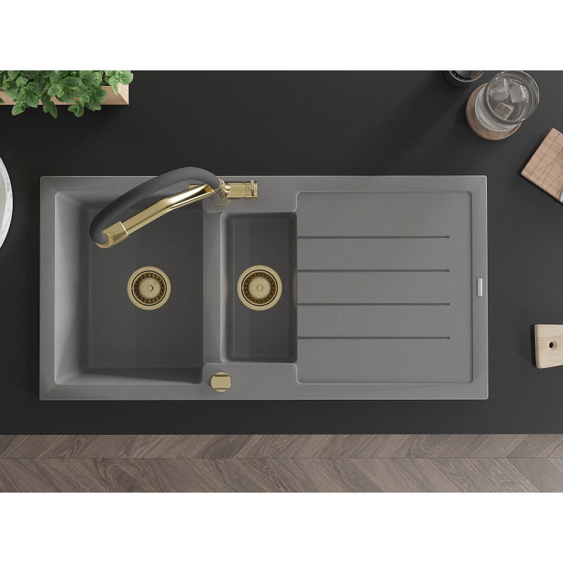Mexen Andres žulový drez 1,5-komorový s odkvapkávačom a kuchynskou batériou Duo, sivý - 6515-71-671701-57-G