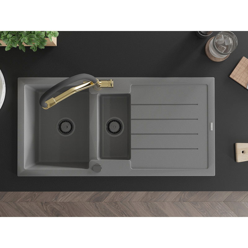 Mexen Andres žulový kuchynský drez 1,5-komorový s odkvapkávačom a kuchynskou batériou Duo, sivý - 6515-71-671701-57-B