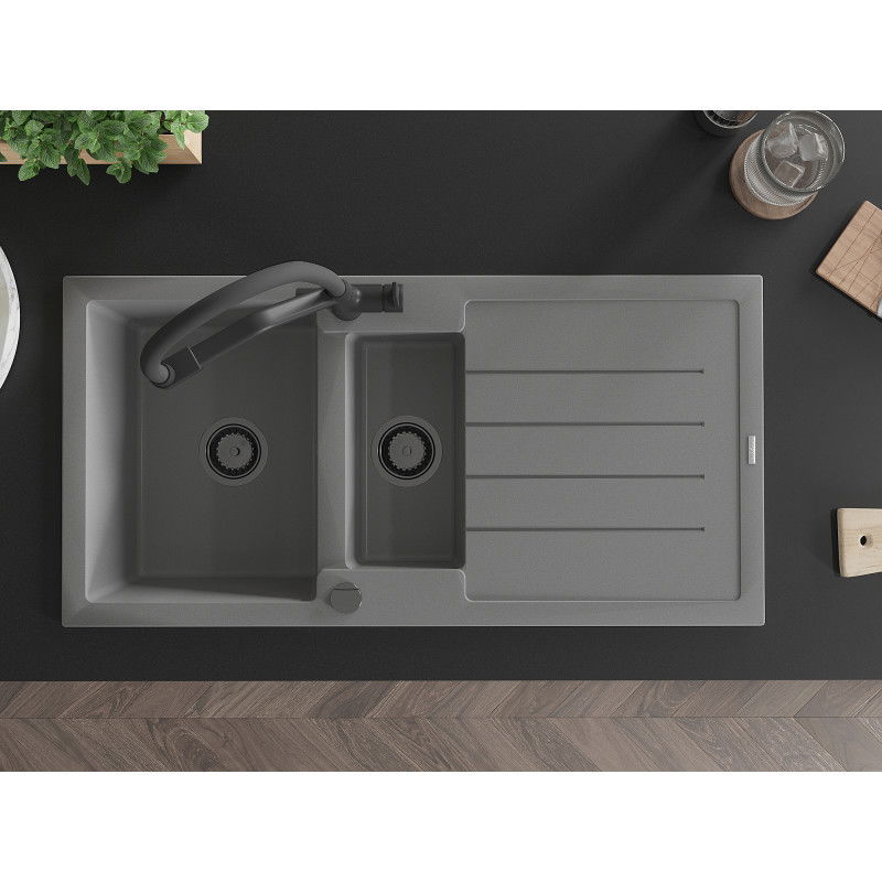 Mexen Andres žulový drez 1,5-komorový s odkvapkávačom a kuchynskou batériou Duo, sivý - 6515-71-671701-70-B