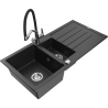 Mexen Andres granitový drez 1,5-komorový s odkvapkávačom a kuchynskou batériou Duo, čierny/strieborný metalický povrch