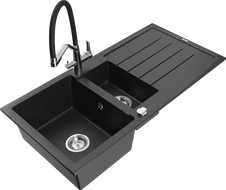Mexen Andres granitový drez 1,5-komorový s odkvapkávačom a kuchynskou batériou Duo, čierny/strieborný metalický povrch
