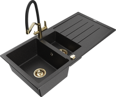Mexen Andres granitový drez 1,5-komorový s odkvapkávačom a kuchynskou batériou Duo, čierny/strieborný - 6515-73-671701-57-G