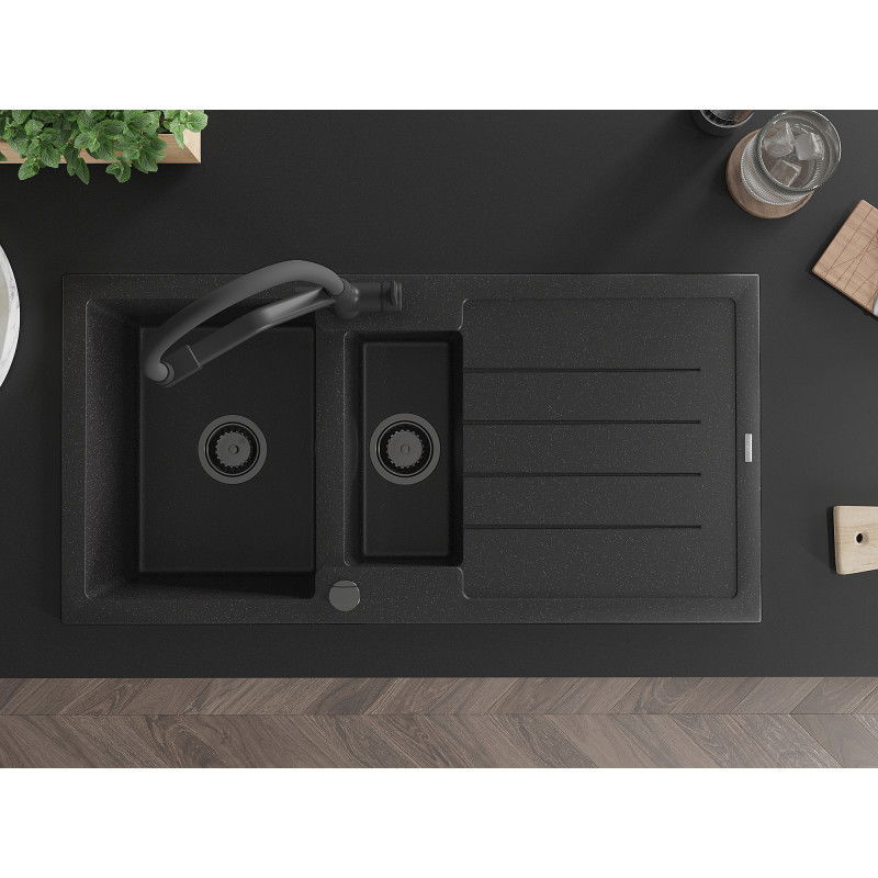 Mexen Andres žulový drez 1,5-komorový s odkvapkávačom a kuchynskou batériou Duo, čierny/sivý - 6515-73-671701-70-B
