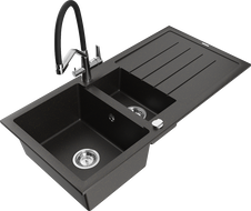 Mexen Andres žulový drez 1,5-komorový s odkvapom a kuchynskou batériou Duo, čierny/zlatý metalik - 6515-75-671701-07