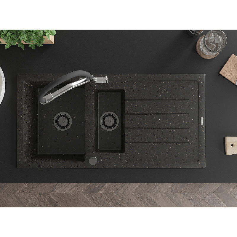 Mexen Andres granitový drez 1,5-komorový s odkvapkávačom a kuchynskou batériou Duo, čierno/zlatý metalik