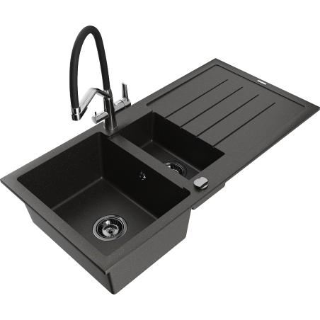 Mexen Andres granitový drez 1,5-komorový s odkvapkávačom a kuchynskou batériou Duo, čierno/zlatý metalik